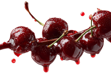 Dessert with cherry topping and sauce drizzle angled side view isolated PNG