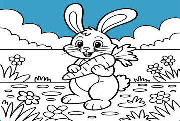 Cartoon bunny holding a carrot in a field of flowers under a cloudy sky.