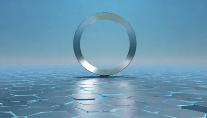 銀色の円形が青い背景に浮かぶ抽象的な3Dレンダリング