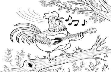 A cartoon rooster standing on a tree branch, playing a guitar and singing with musical notes above its head. © Vid