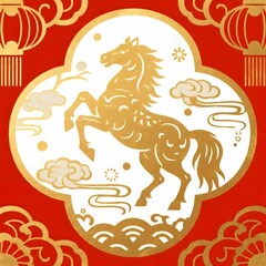 金色馬のイラスト赤背景の伝統的な中国の装飾