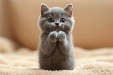 Adorable tiny British Shorthair kitten standing on hind legs with paws clasped, begging for treats in a cute playful pose