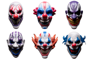  Collection of creepy clown masks isolated PNG