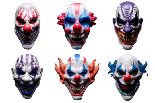 Collection of creepy clown masks isolated PNG
