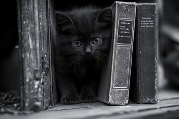 Surreal black kitten slipping between books on a shelf with fluid, liquid-like form creating dreamy, imaginative visual scene