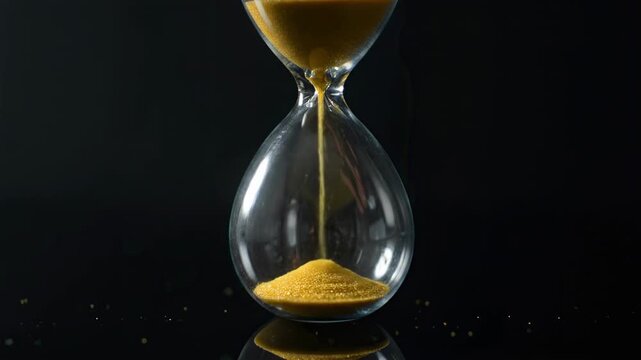 Golden sand flows through a beautiful hourglass, symbolizing the constant passage of time, urgency, and the precious, fleeting nature of moments. A reminder of life's finite duration