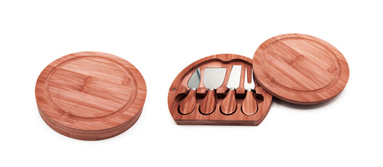 Set of professional assorted cheese knives on a wooden pull-out board isolated on white background. Copy space. All options and from all sides.