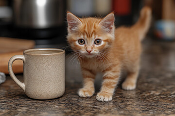Confident orange kitten with a sly grin walking on a kitchen counter next to a coffee mug in a playful cozy scene