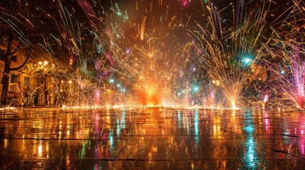Dazzling Fireworks Display Reflecting on Wet Pavement, Creating a Vibrant Urban Nightscape.