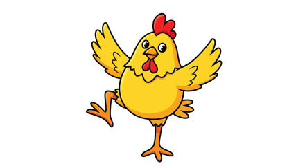 A cheerful yellow cartoon chicken character dancing happily on one leg with its wings spread wide.