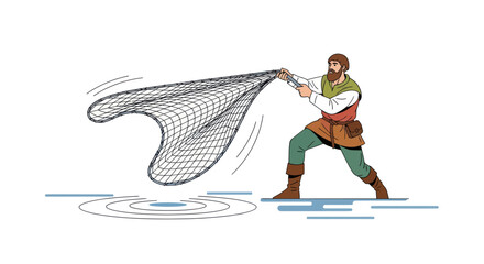 Medieval Fisherman Casting Large Net into Water.