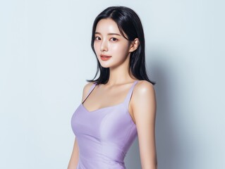 Portrait of a young woman with fair skin and dark hair wearing a light purple dress against a bright background.