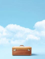 Vintage suitcase against a bright sky with fluffy clouds suggests travel, adventure, and exploration.