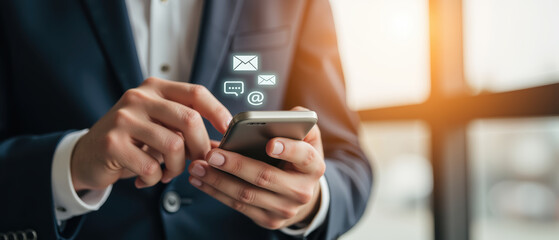 Professional man using smartphone for communication, sending messages and emails in modern office setting
