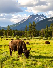 Bison grazing in a mountain meadow