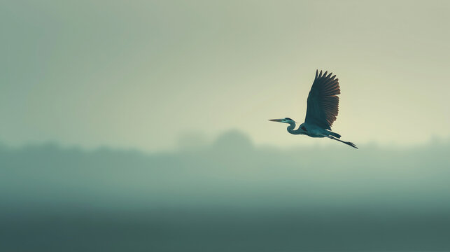 Great blue heron in flight over misty backdrop. Ideal for nature, wildlife, or ornithology content such as books, magazines, or websites.
