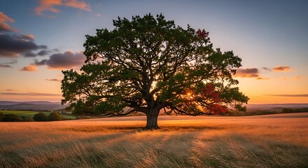 Fototapeta premium Lone tree in golden field at sunset, a serene landscape.
