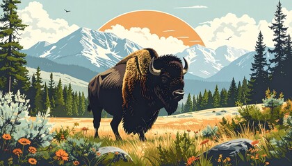 Bison in a mountain meadow at sunrise