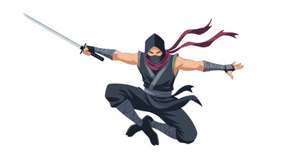 A dynamic illustration of a Japanese ninja warrior in mid-air brandishing a katana sword.