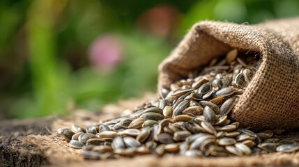 Obraz premium Detailed view of fresh vegetable seeds spilling from a rustic sack into palm main focus on seed texture with softly unfocused garden backdrop.