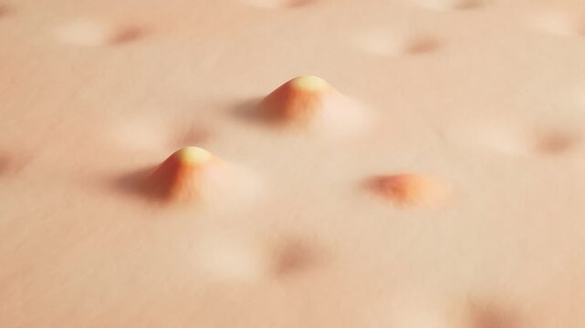 3D animation video of acne pimples forming on human skin, representing skin disease, dermatology issues, pimples, and skincare treatment concept.