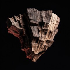 Abstract sculpted wood chunk, dark background.  A  piece of  wood,  roughly  shaped  and  layered,  with  various  tones  of  brown  and  reddish-brown.  Intricate  grain  patterns. 