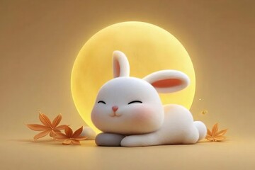 黄色い月の背景に白いウサギの漫画のイラスト