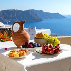 A picturesque outdoor table laden with fruit and pastries, overlooking a stunning ocean vista