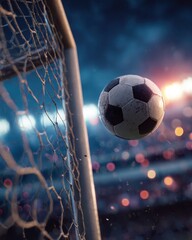 Dramatic Night Soccer Goal - Close-Up of Ball Entering Net.