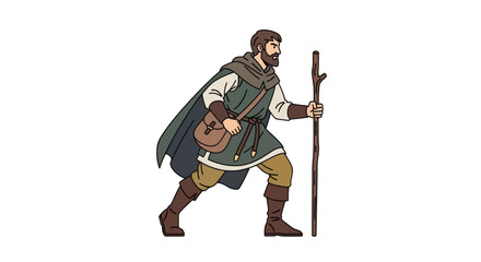 Medieval Traveler with Staff and Baggage.