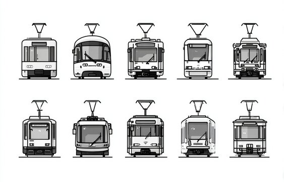 Nine line art illustrations of various light rail or streetcar front profiles.  Simple, graphic style.  Each vehicle is presented in a frontal view.  White silhouettes against a white background. 