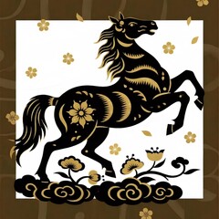 黒と金の馬の花柄のイラストレーション