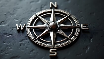Metal compass rose with cardinal directions on dark textured surface 
