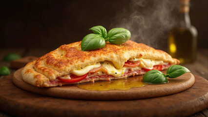 hot cheesy calzone with tomato and basil for national calzone day celebration