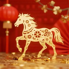 金色馬の切り絵と赤い背景のお祝い飾り