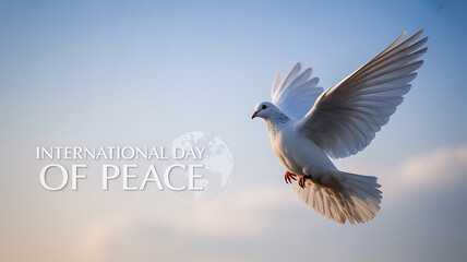 White dove in flight against a clear sky with text 'International Day of Peace'