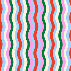 Wavy striped seamless pattern. Vector colorful vibrant background. Ethnic 70s boho textile design