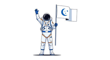 Astronaut Planting a Crescent Moon Flag on Lunar Surface.