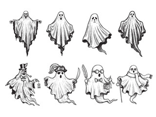Engraved Halloween Ghost Floating Spirit Vintage Etching Vector Illustration