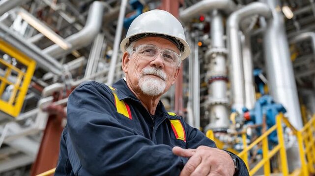 Engineering Excellence: An experienced engineer, clad in a protective helmet and eyewear, confidently poses amidst the complex machinery of an industrial plant, reflecting technical expertise. 