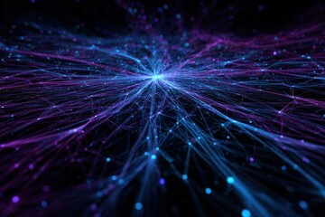 Fototapeta premium Abstract Network - Interconnected Blue and Purple Lines Converging to a Central Bright Point.