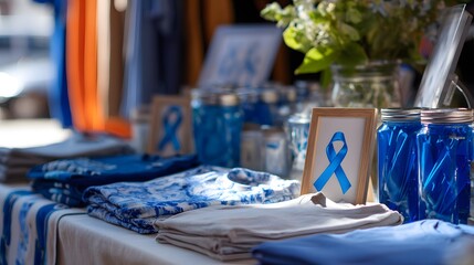 Awareness display with blue ribbons and merchandise