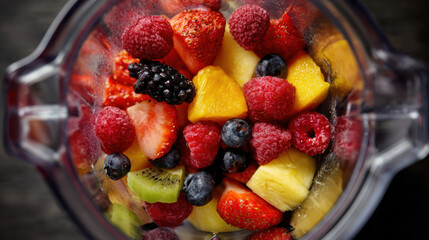 Colorful assortment of fresh berries and fruits including strawberries, blueberries, raspberries, and melon pieces in a blender ready for smoothie preparation.