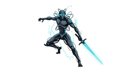 Futuristic Cyborg Warrior with Glowing Blue Sword and Cat Ears.