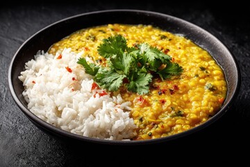 Pakistani daal (yellow lentil curry) with cilantro served with rice
