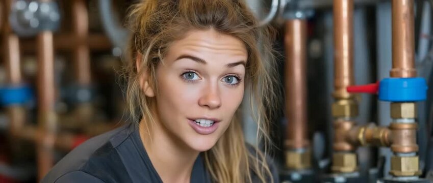 Working on the central heating boiler is a female plumber.