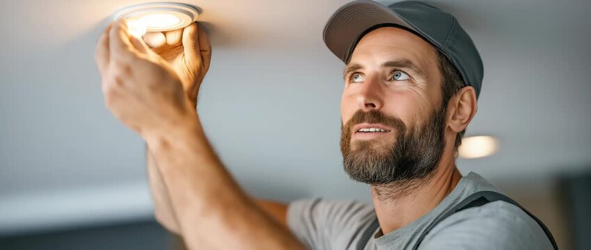A dashing man hangs a lamp from the ceiling.