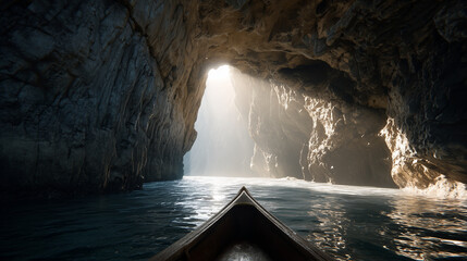 Fototapeta premium Ship sailing out of a cave with sunlight shining through the entrance, symbolizing a feeling of hope.