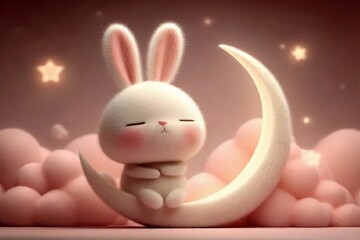 ふわふわウサギが月に座るピンクのクラウドと星