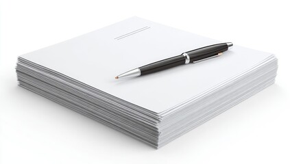 A stack of blank white papers with a black pen resting on top